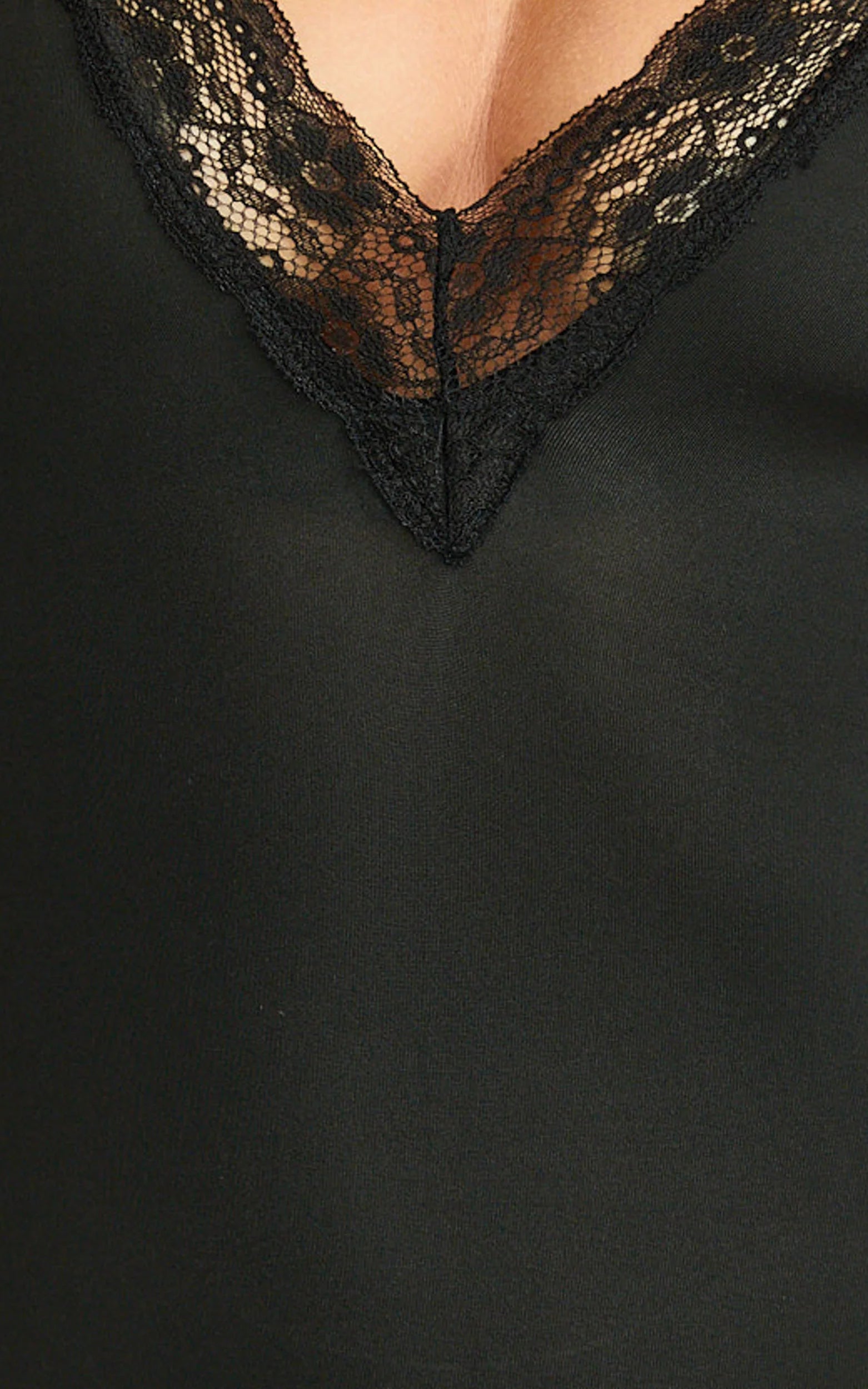 Amelie Bodysuit - Lace Trim V Neck Bodysuit with Shelf Bra in Black